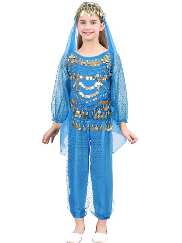 MSemis Mädchen Paillette Bauchtanz Kostüme Kinder Bauchtanz Tanz Tuch Bauchtanz Tänzer Outfit Sets Prinzessin Karneval Cosplay Faschingskostüm Himmelblau 146-152 von MSemis