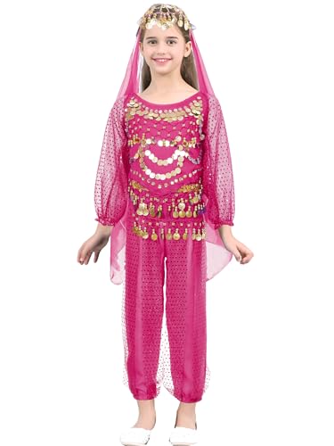 MSemis Mädchen Paillette Bauchtanz Kostüme Kinder Bauchtanz Tanz Tuch Bauchtanz Tänzer Outfit Sets Prinzessin Karneval Cosplay Faschingskostüm Hot Pink 158-164 von MSemis