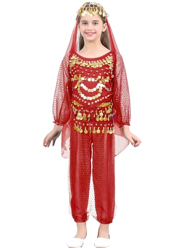 MSemis Mädchen Paillette Bauchtanz Kostüme Kinder Bauchtanz Tanz Tuch Bauchtanz Tänzer Outfit Sets Prinzessin Karneval Cosplay Faschingskostüm Rot 146-152 von MSemis