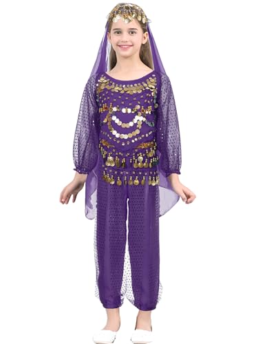 MSemis Mädchen Paillette Bauchtanz Kostüme Kinder Bauchtanz Tanz Tuch Bauchtanz Tänzer Outfit Sets Prinzessin Karneval Cosplay Faschingskostüm Violett 158-164 von MSemis