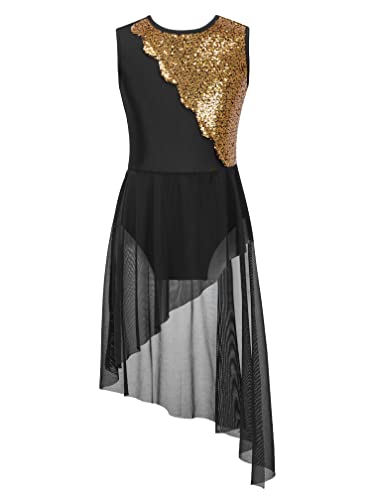 MSemis Mädchen Pailletten Ballettkleid Ärmellos Lyrisches Tanzkleid Lateinkleid Kinder Turnanzug mit Asymmetrischer Rock Wettbewerb Kostüm Schwarz A 134-140 von MSemis