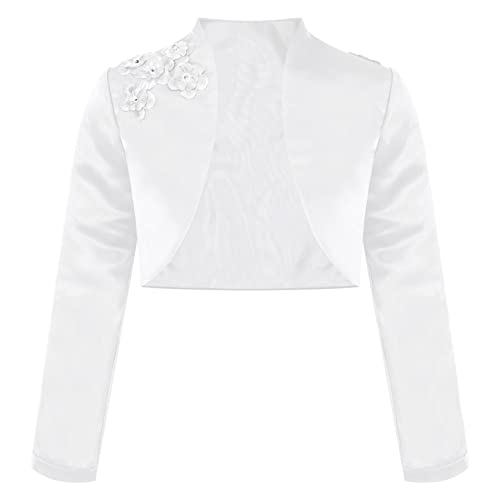 MSemis Mädchen Strickjacke Basic Weiß Bolero Kinder Langarm Satin Schulterjacke Bolerojäckche Top Partykleid Kommunionkleid Taufkleid Weiß E 146-152 von MSemis