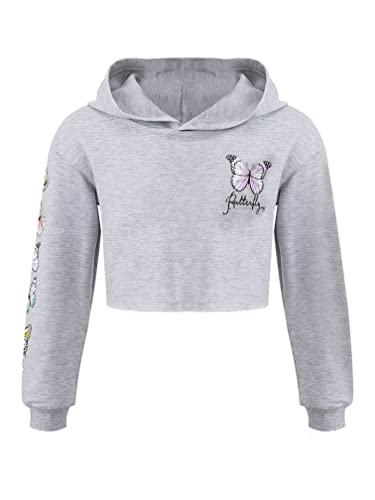 MSemis Mädchen Sweatshirt Langarm Schmetterling Shirt Crop Tops Bauchfrei Oberteile Kinder Hoodie Pullover Pulli Streetwear Gr.98-176 Grau 170-176 von MSemis
