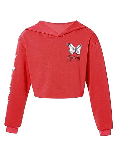 MSemis Mädchen Sweatshirt Langarm Schmetterling Shirt Crop Tops Bauchfrei Oberteile Kinder Hoodie Pullover Pulli Streetwear Gr.98-176 Rot 134-140 von MSemis