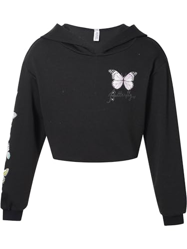 MSemis Mädchen Sweatshirt Langarm Schmetterling Shirt Crop Tops Bauchfrei Oberteile Kinder Hoodie Pullover Pulli Streetwear Gr.98-176 Schwarz 146-152 von MSemis