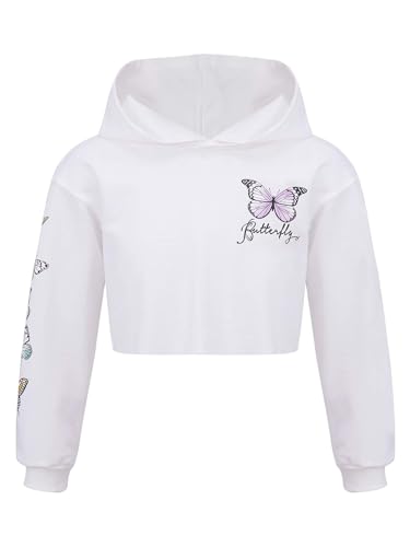 MSemis Mädchen Sweatshirt Langarm Schmetterling Shirt Crop Tops Bauchfrei Oberteile Kinder Hoodie Pullover Pulli Streetwear Gr.98-176 Weiß 146-152 von MSemis