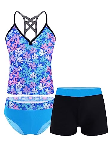 MSemis Mädchen Tankini Set 3-Teilig Badeanzug Bikini Bademode schwimmoberteil Badeweste Badehose Set Kinder Schwimmanzug Bunte Blumen B 146-152 von MSemis