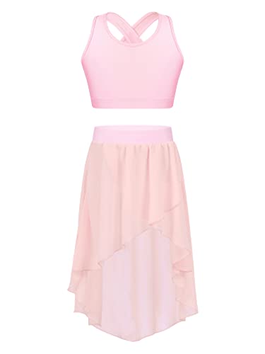 MSemis Mädchen Tanzanzug Ärmellos Crop Top mit Tanz Rock Tanzkostüm Tanzkleidung Hip Hop Jazz Outfit Rosa 158-164 von MSemis