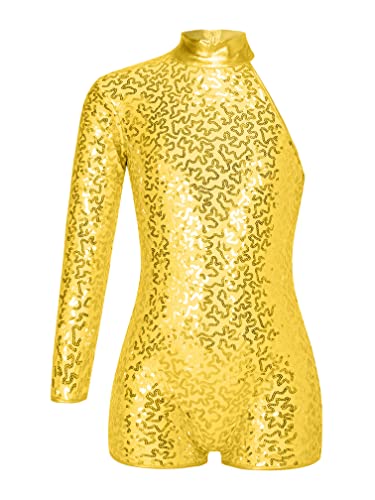 MSemis Mädchen Tanztrikots Turnanzug Glänzend Pailletten Balletttrikot Langarm Tanzbody Gymnastik Leotard Kinder Tanz Outfit Ballettkleidung Gold 122-128 von MSemis