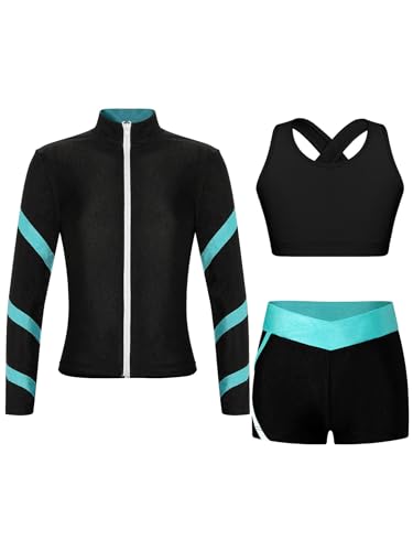 MSemis Mädchen Trainingsanzug Sportanzug 3Pcs Jogginganzug Kinder Sportset Langarm Jacke +Weste+Sporthose Jogging Suit Sportswear Schwarz & Blau Grün 146-152 von MSemis