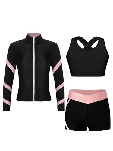 MSemis Mädchen Trainingsanzug Sportanzug 3Pcs Jogginganzug Kinder Sportset Langarm Jacke +Weste+Sporthose Jogging Suit Sportswear Schwarz & Rosa 158-164 von MSemis