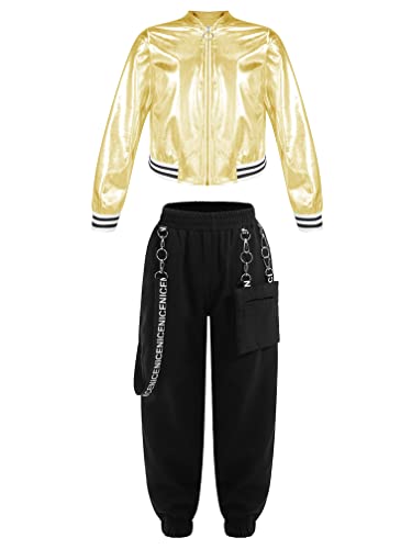 MSemis Mädchen Trainningsanzug Hip Hop Kleidung 2tlg Kinder Street Dance Outfit Langarm Metallic Jacke+ Cargohose Baggy Jogginghose Tanzkleidung Frühling Sommer Anzüge Gold&Schwarz 146-152 von MSemis