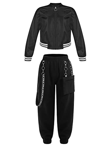 MSemis Mädchen Trainningsanzug Hip Hop Kleidung 2tlg Kinder Street Dance Outfit Langarm Metallic Jacke+ Cargohose Baggy Jogginghose Tanzkleidung Frühling Sommer Anzüge Schwarz 146-152 von MSemis