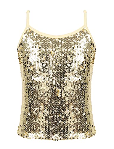 MSemis Mädchen Unterhemd Glitzer Pailletten Tank Top Trägershirt Verstellbare Fasching Party Jazz Oberteil Gold/Silber/Schwarz/Lila/Blau Gold 110-116 von MSemis