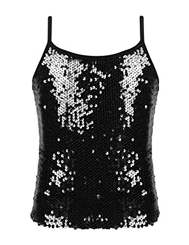 MSemis Mädchen Unterhemd Glitzer Pailletten Tank Top Trägershirt Verstellbare Fasching Party Jazz Oberteil Gold/Silber/Schwarz/Lila/Blau Schwarz 122-128 von MSemis