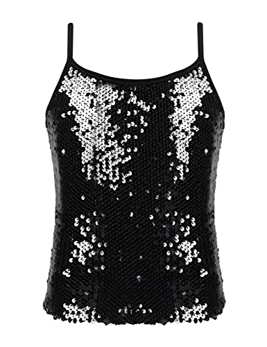 MSemis Mädchen Unterhemd Glitzer Pailletten Tank Top Trägershirt Verstellbare Fasching Party Jazz Oberteil Gold/Silber/Schwarz/Lila/Blau Schwarz 158-164 von MSemis