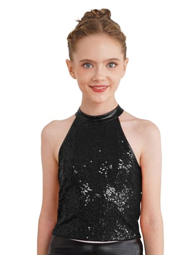 MSemis Mädchen Unterhemd Glitzer Pailletten Tank Top Trägershirt Verstellbare Fasching Party Jazz Oberteil Gold/Silber/Schwarz/Lila/Blau Schwarz A 134-140 von MSemis
