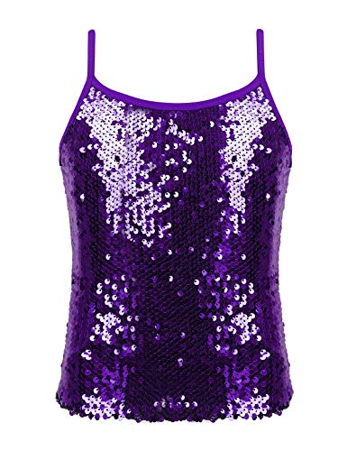 MSemis Mädchen Unterhemd Glitzer Pailletten Tank Top Trägershirt Verstellbare Fasching Party Jazz Oberteil Gold/Silber/Schwarz/Lila/Blau Violett 122-128 von MSemis