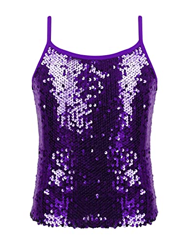 MSemis Mädchen Unterhemd Glitzer Pailletten Tank Top Trägershirt Verstellbare Fasching Party Jazz Oberteil Gold/Silber/Schwarz/Lila/Blau Violett 146-152 von MSemis