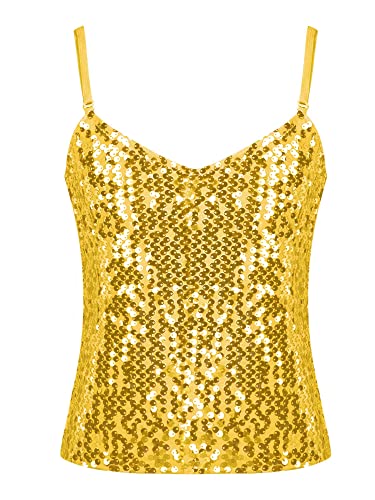 MSemis Mädchen Unterhemd Glitzer Pailletten Tank Top Trägershirt Verstellbare Fasching Party Jazz Oberteil Gold/Silber/Schwarz/Lila/Blau W Gold 116-128 von MSemis