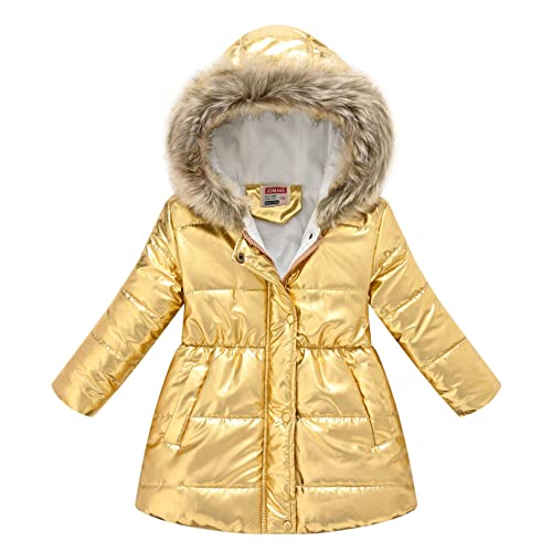 MSemis Mädchen Winterjacke mit Fellkapuze Kinder Wintermantel Steppjacke Warm Parka Übergangsjacke Outdoorjacke Kinder Winddicht Reißverschluss Mantel Gold 134-140 von MSemis