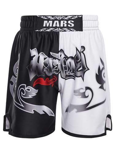 MSemis Muay Thai Fight Shorts Kinder Jungen mittlere Taille Training Shorts Kampf Grappling Martial Arts Kickboxing Shorts Kleidung Schwarz-Weiss A 134-140 von MSemis