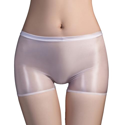 MSemis Panties Boxershorts Damen Transparent Unterhose Unterwäsche Sexy Öl-Glanz Boxer Briefs Miederslip Reizwäsche Weiß B Einheitsgröße von MSemis