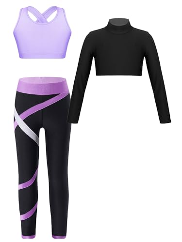 MSemis Kinder Mädchen Sport Outfits Langarm Sportshirt mit Ärmellos BH Top Und Leggings 3tlg Tanz Workout Gymnastik Sportkleidung Lavender 122-128 von MSemis