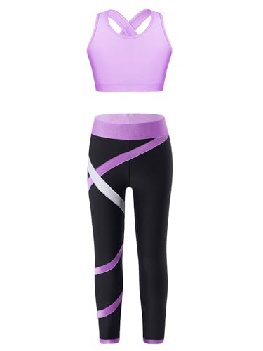 MSemis Teenager Mädchen Jogginganzug Trainingsanzug Sportanzug Jogger Crop Top Sport BH Weste mit Leggings Streetwear für Tanz Yoga Jogging Lavender H 122-128 von MSemis