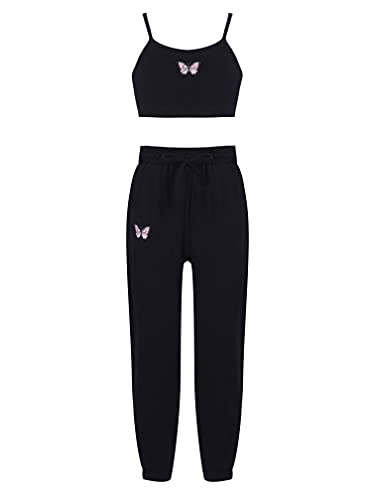 MSemis Teenager Mädchen Jogginganzug Trainingsanzug Sportanzug Jogger Crop Top Sport BH Weste mit Leggings Streetwear für Tanz Yoga Jogging Schwarz P 146-152 von MSemis