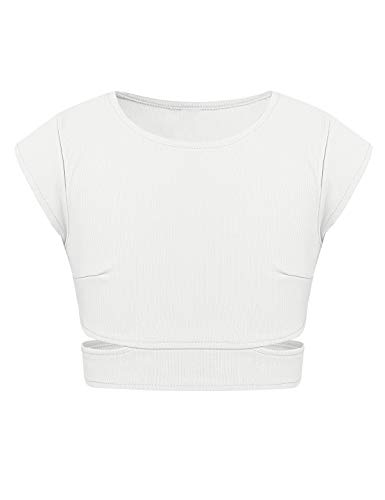 MSemis Teenager Mädchen Sommer Crop Tops Kurzarm Bauchfrei Ärmellos Oberteile Sport Unterhemd Ballett Bauchtanz Yoga Gym Top Elfenbein 146-152 von MSemis