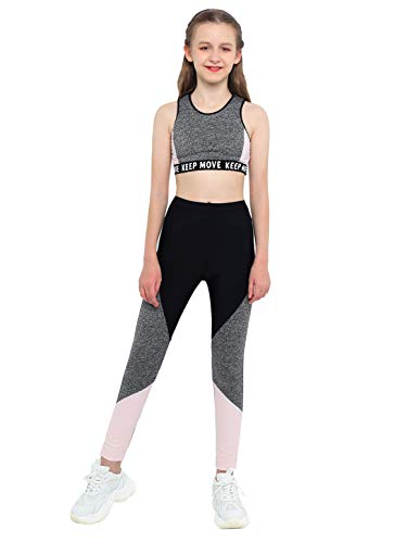 MSemis Teenager Mädchen Sport Kleidung Set Jogginganzug Trainingsanzug Yoga Fitness Crop Top Oberteil mit Leggings Streetwear (Grau+Schwarz, 122-128) von MSemis