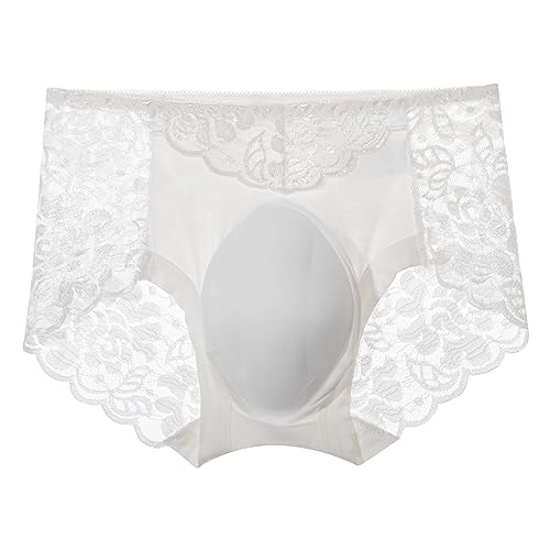 MSemis Transparent Herren Spitzen Slip Sissy Unterwäsche Männer Boxer Shorts String Tanga mit Penishülle Erotik Dessous Reizwäsche L-3XL Weiß D 3XL von MSemis