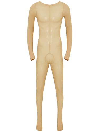 MSemis Transparent Mesh Herren Overall Catsuit Unterwäsche Ouvert-Body Männer Bodysuit Langarm Einteiler Erotik Unterhose Strumpfhosen Clubwear Typ B Nude Einheitsgröße von MSemis