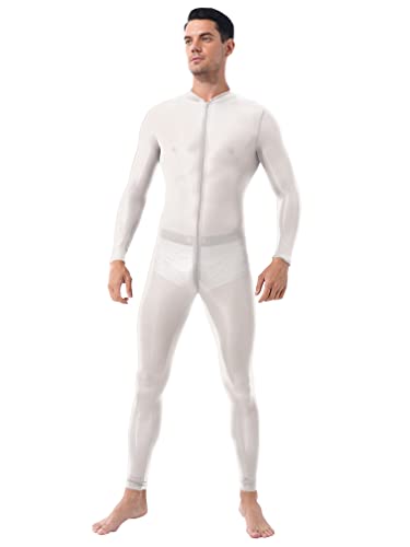 MSemis Transparent Mesh Herren Overall Catsuit Unterwäsche Ouvert-Body Männer Bodysuit Langarm Einteiler Erotik Unterhose Strumpfhosen Clubwear Weiß A Einheitsgröße von MSemis