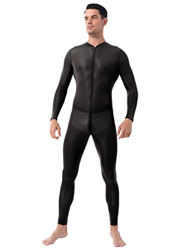 MSemis Transparent Mesh Herren Overall Schwarz Catsuit Unterwäsche Ouvert-Body Männer Bodysuit Langarm Einteiler Erotik Unterhose Strumpfhosen Clubwear Schwarz A Einheitsgröße von MSemis