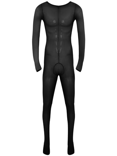 MSemis Transparent Mesh Herren Overall Catsuit Unterwäsche Ouvert-Body Männer Bodysuit Langarm Einteiler Erotik Unterhose Strumpfhosen Clubwear Typ B Schwarz Einheitsgröße von MSemis