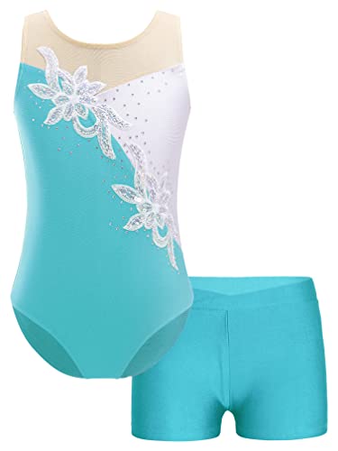 MSemis Turnanzug für Mädchen Ballett Trikot Metallic Tanz Body mit Kurze Hose Shorts Gymnastik Overall Leotards Tanzkostüm Wettbewerb Blue Green E 122-128 von MSemis