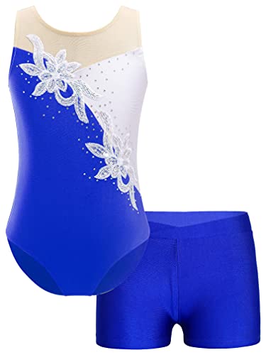 MSemis Turnanzug für Mädchen Ballett Trikot Metallic Tanz Body mit Kurze Hose Shorts Gymnastik Overall Leotards Tanzkostüm Wettbewerb Königsblau E 110-116 von MSemis