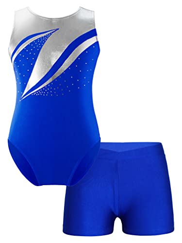 MSemis Turnanzug für Mädchen Ballett Trikot Metallic Tanz Body mit Kurze Hose Shorts Gymnastik Overall Leotards Tanzkostüm Wettbewerb Königsblau F 134-140 von MSemis