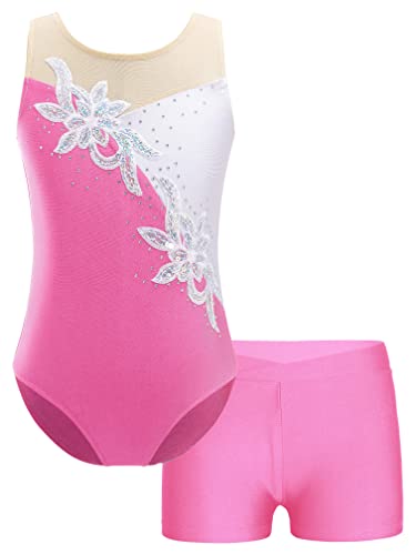 MSemis Turnanzug für Mädchen Ballett Trikot Metallic Tanz Body mit Kurze Hose Shorts Gymnastik Overall Leotards Tanzkostüm Wettbewerb Rosa E 134-140 von MSemis