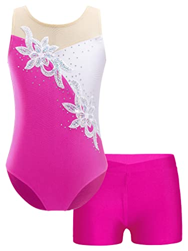 MSemis Turnanzug für Mädchen Ballett Trikot Metallic Tanz Body mit Kurze Hose Shorts Gymnastik Overall Leotards Tanzkostüm Wettbewerb Rose E 122-128 von MSemis