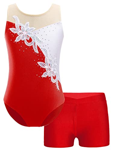 MSemis Turnanzug für Mädchen Ballett Trikot Metallic Tanz Body mit Kurze Hose Shorts Gymnastik Overall Leotards Tanzkostüm Wettbewerb Rot E 122-128 von MSemis