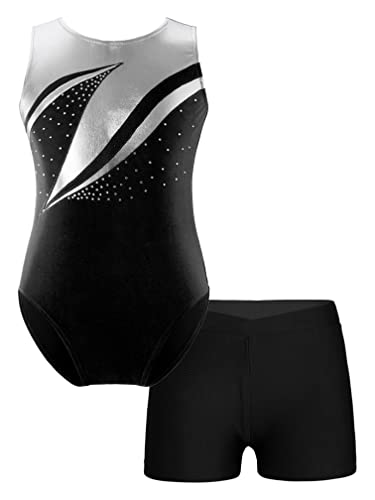 MSemis Turnanzug für Mädchen Ballett Trikot Metallic Tanz Body mit Kurze Hose Shorts Gymnastik Overall Leotards Tanzkostüm Wettbewerb Schwarz F 134-140 von MSemis