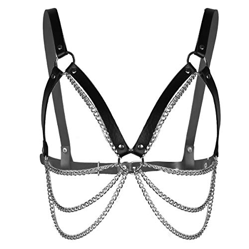 MSemis Unisex Herren Damen Brustgurte mit Kette Leder-Optik Brust Harness Punk Gothic Büstenhalter Cupless Nachtclub Dessous Party Schmuck Bikini Taille Bauch Schwarz & Silber A One Size von MSemis