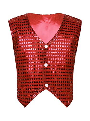 MSemis Unisex Kinder Jungen Mädchen Pailletten Weste Anzug Westen Glitzer Jazz Tanzbekleidung Performance Jacke mit Blingbling Effekt Gr. 122-164 A Rot 122-128 von MSemis