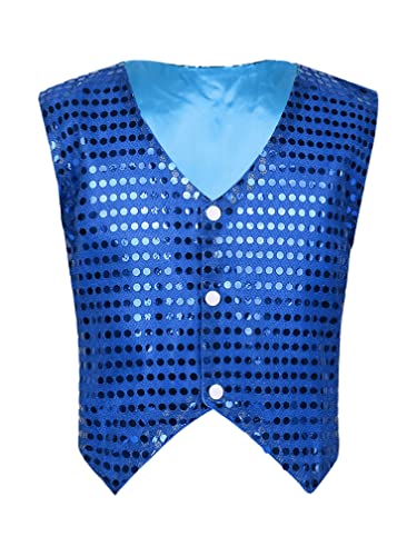 MSemis Unisex Kinder Jungen Mädchen Pailletten Weste Anzug Westen Glitzer Jazz Tanzbekleidung Performance Jacke mit Blingbling Effekt Gr. 122-164 Blau 152-158 von MSemis