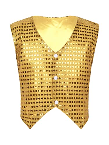 MSemis Unisex Kinder Jungen Mädchen Pailletten Weste Anzug Westen Glitzer Jazz Tanzbekleidung Performance Jacke mit Blingbling Effekt Gr. 122-164 Gold 122-128 von MSemis