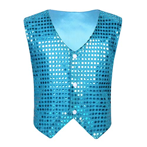 MSemis Unisex Kinder Jungen Mädchen Pailletten Weste Anzug Westen Glitzer Jazz Tanzbekleidung Performance Jacke mit Blingbling Effekt Gr. 122-164 Hell Blau 122-128 von MSemis