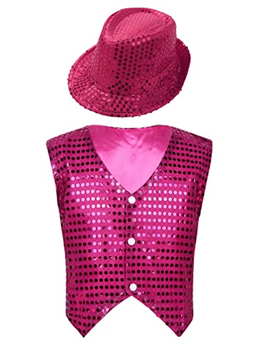 MSemis Unisex Kinder Jungen Mädchen Pailletten Weste Anzug Westen Glitzer Jazz Tanzbekleidung Performance Jacke mit Blingbling Effekt Gr. 122-164 Rose A 164-170 von MSemis